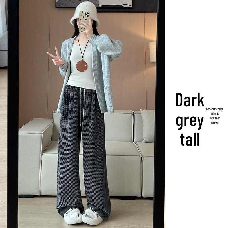 Women's Striped Wide-Leg Wool Pants, Spring/Autumn 2025: Loose, Casual, Drapey Twill with Silver Thread Detailing.