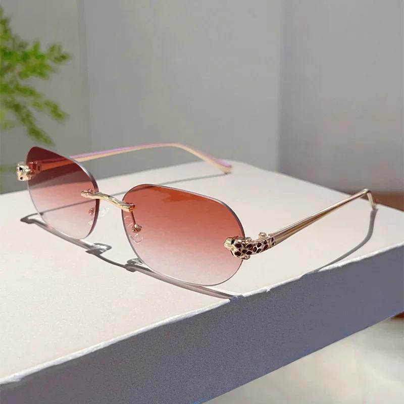 Brand Designer Luxury Rimless Sunglasses Women For Men  Vintage Punk Sun Glasses Popular Metal Leopard Head Shade Uv400