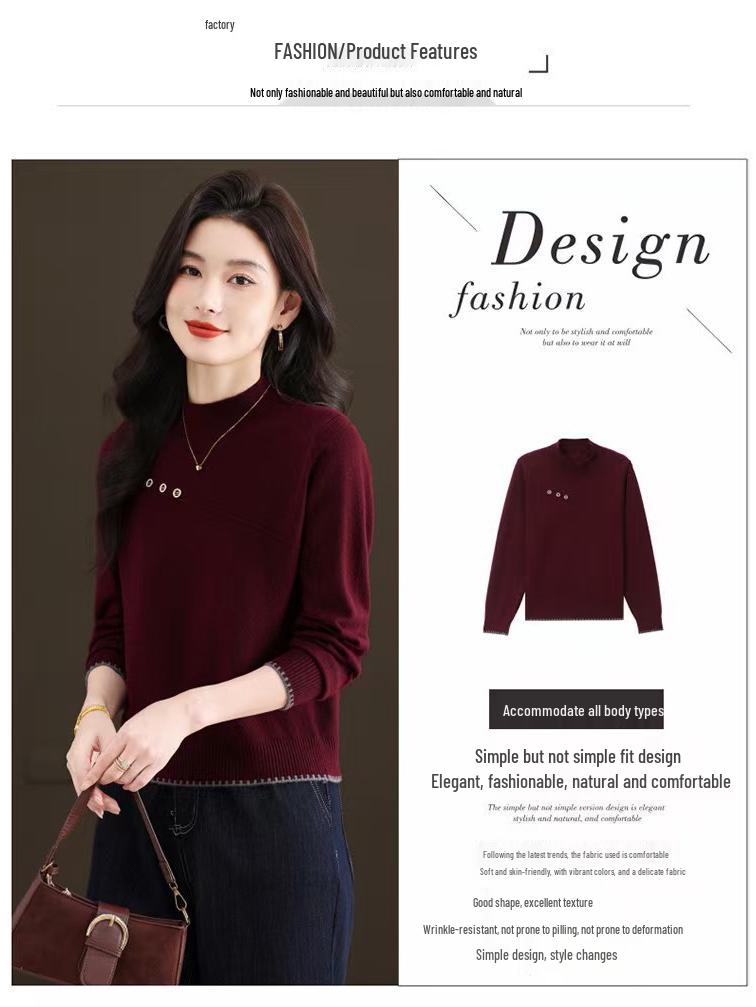 Women's Wool Fleece Sweater with Semi-High Neck for Autumn and Winter