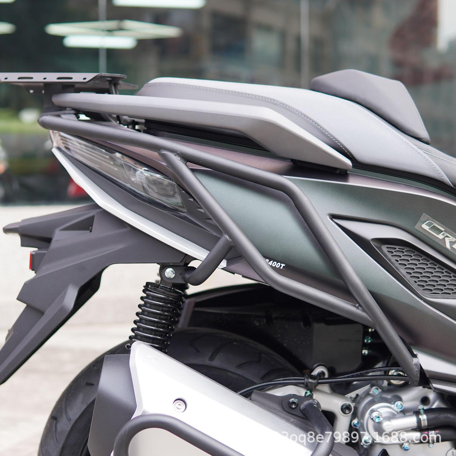SYM Cruiser 400 Motorcycle Crash Protection: Front/Rear Bars, Exhaust Guard, Tail Rack, Luggage Rack.