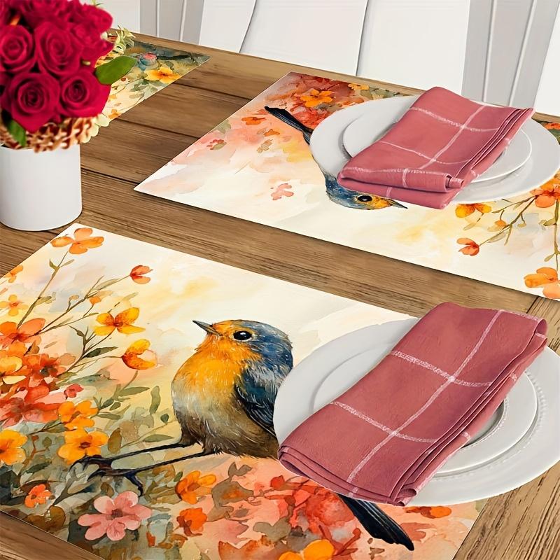 4pcs, Festival Easter Placemats, Watercolor Art Herbaceous Flowers Lively Robin, Easter Table Mats Kitchen Mat for Dining Table, Easter Decor, Spring