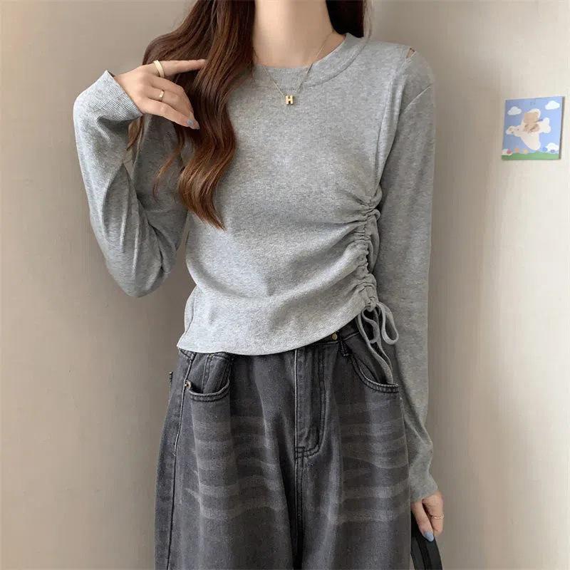 Women's Slim Fit Long-Sleeve Drawstring Pleated Top - New Autumn/Winter Design with Irregular Hem