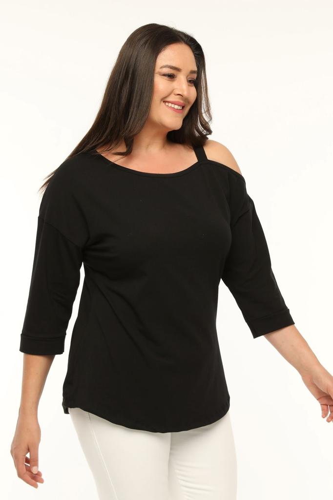 Women's Big Size Blouse Plus Size Asymmetrical One Shoulder Blouse with Tape Detail