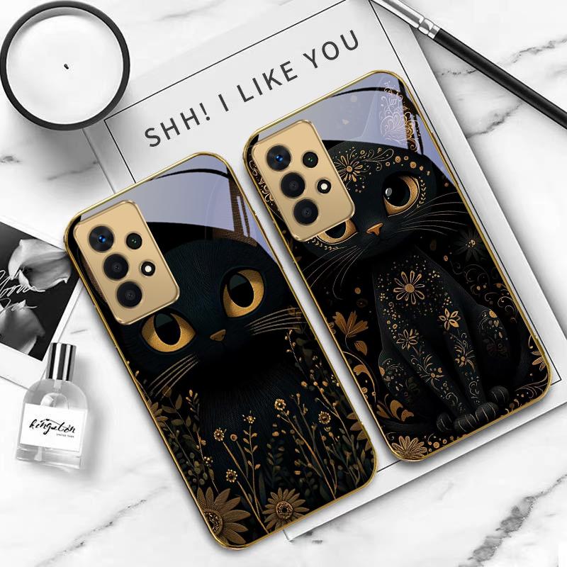 Fantastic Black Cat For Samsung A 01 52S A04 A05S A10 A12 A13 22 23 24 36 42 M02 Note 10 20Ultra 8 9 Golden glass phone case
