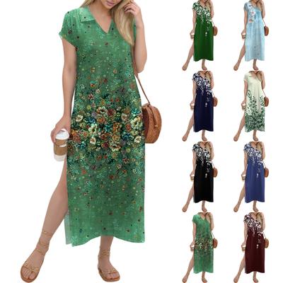 Women's Long Skirt Casual V-neck Long Shirt Dress Loose Slit Holiday Short Sleeve Dress