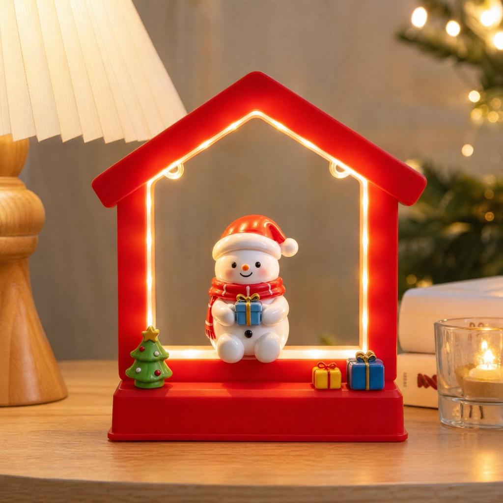 Christmas Red House Snowman Musical Night Light – LED-Illuminated Rotating House-Shaped Ornament
