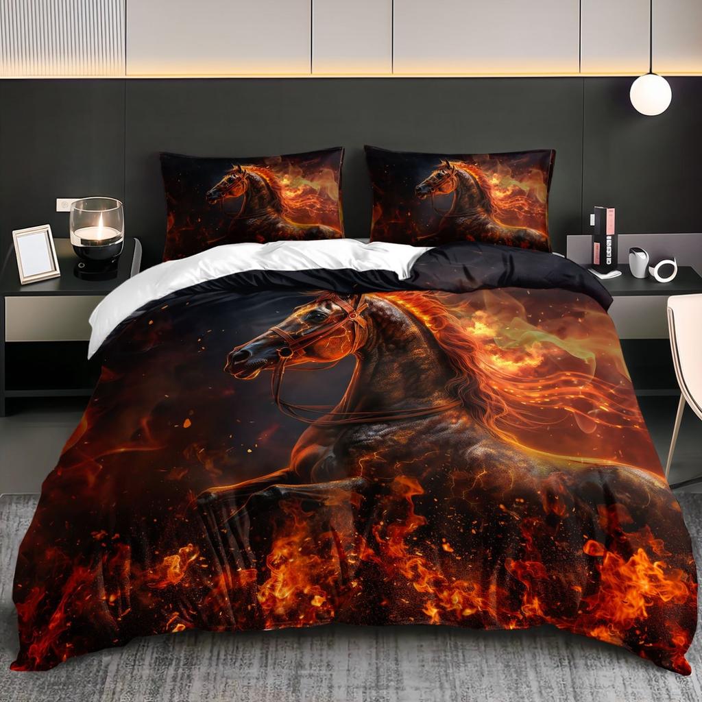 3Pcs Fiery Horse Bedding Duvet Cover Set Flaming Horse Bedding Quilt Set Horse Themed Bed Quilt Set Modern Bedroom Decor