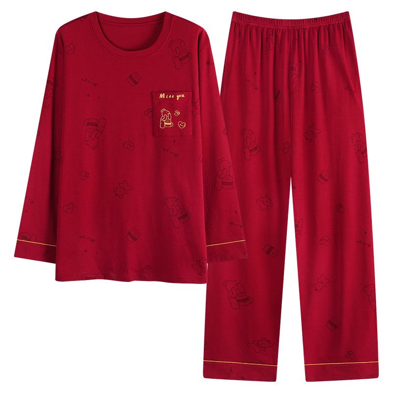 Newlywed Couple Red Cotton Pajama Set: Long Sleeve, Festive, Plus Size, Men's and Women's Home Wear for Spring and Autumn