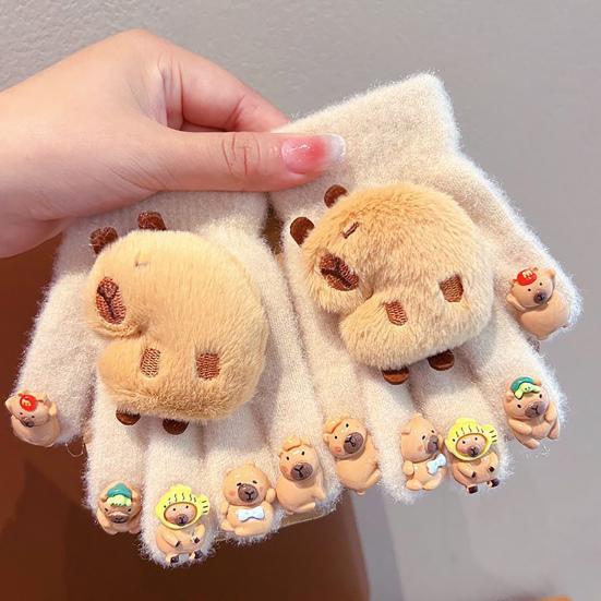 Winter Children Plush Capybara Gloves 3D Capybara Doll Gloves Soft Warm Five Finger Gloves for Cold Weather Outdoors