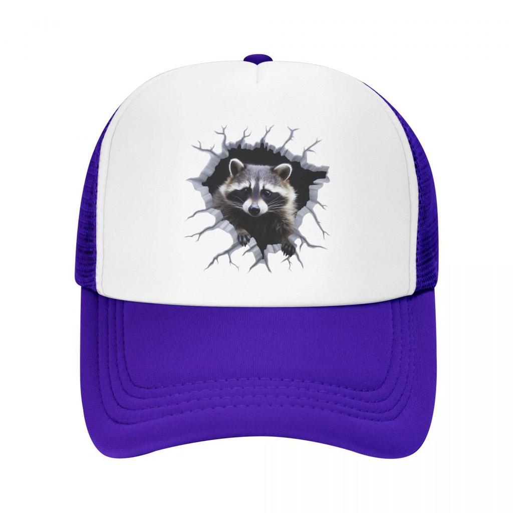 Raccoon Breaking Through Hole Trucker Hat Polyester Casual Snapback Cap Adjustable Unisex Outdoor