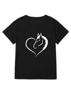 Damen T-Shirt Herz Pferde Print Freizeit T-Shirt
