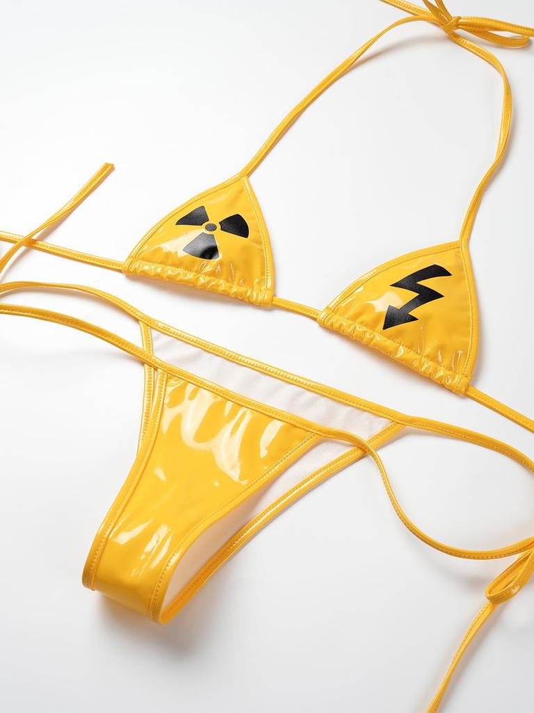 SENMHS Women's Yellow Leather-Look Cyberpunk Bikini, 3-Piece Set, Sexy Strappy Design, Bondage-Style Mini Top, Underwear, Cosplay, Photoshoots, Partie