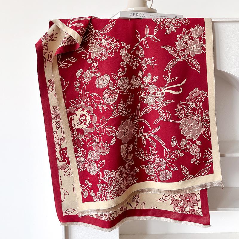 

Двусторонний шарф из имитации кашемира с текстурой цветов и растений, зимняя теплая шаль высокого класса, верхняя одежда для женщин 185cm красный