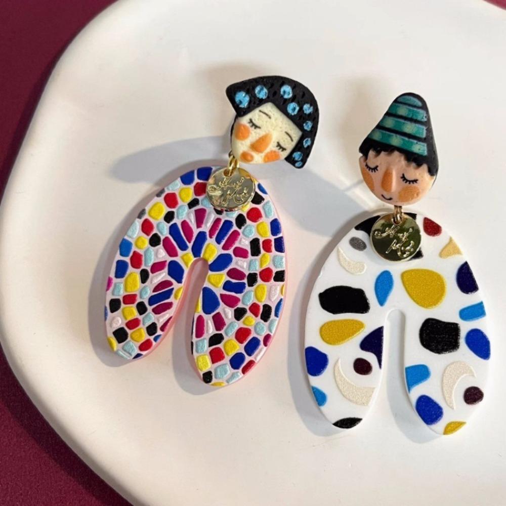 Acrylic Colourful Dangle Earrings Dots Ethnic Style Cartoon Indian Earrings Charm Asymmetrical Portraits Earrings Beach