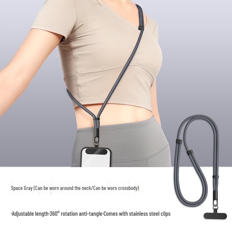 Nastavitelná crossbody šňůrka na mobilní telefon s robustním nerezovým kroužkem a polyesterovým popruhem proti ztrátě