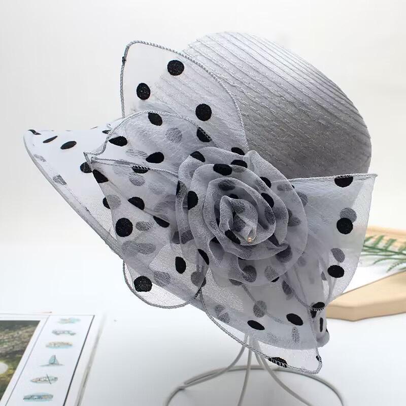 Eleganter Damen-Organza-Bucket-Hut mit 3D-Blume - Atmungsaktiver Sonnenhut mit breiter Krempe für Kirche, Teepartys & Strandausflüge, Sonnenhüte
