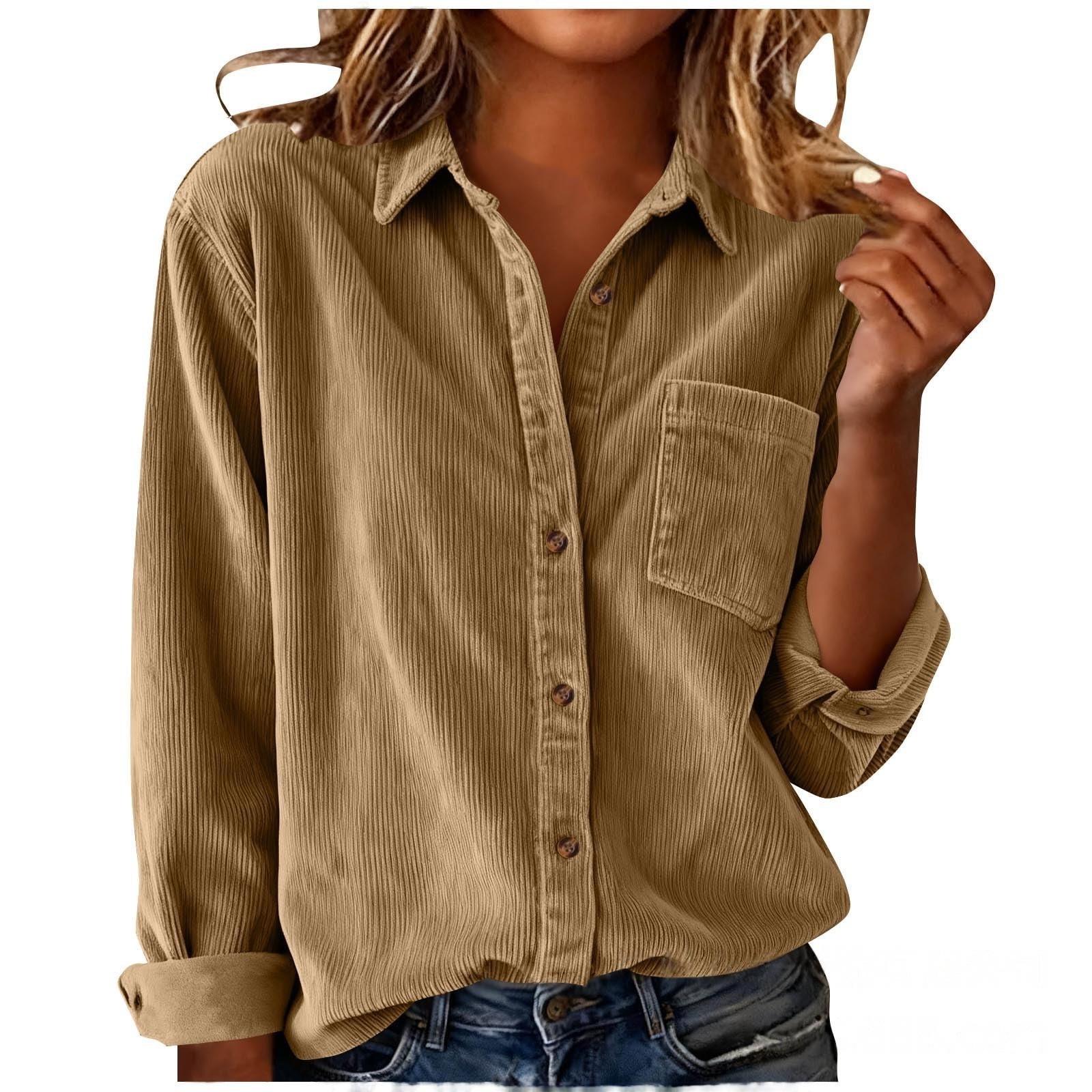 

European & American 2025 Autumn/Winter Striped Corduroy Lapel Long Sleeve Women s Casual Loose Shirt Jacket Medium хакі