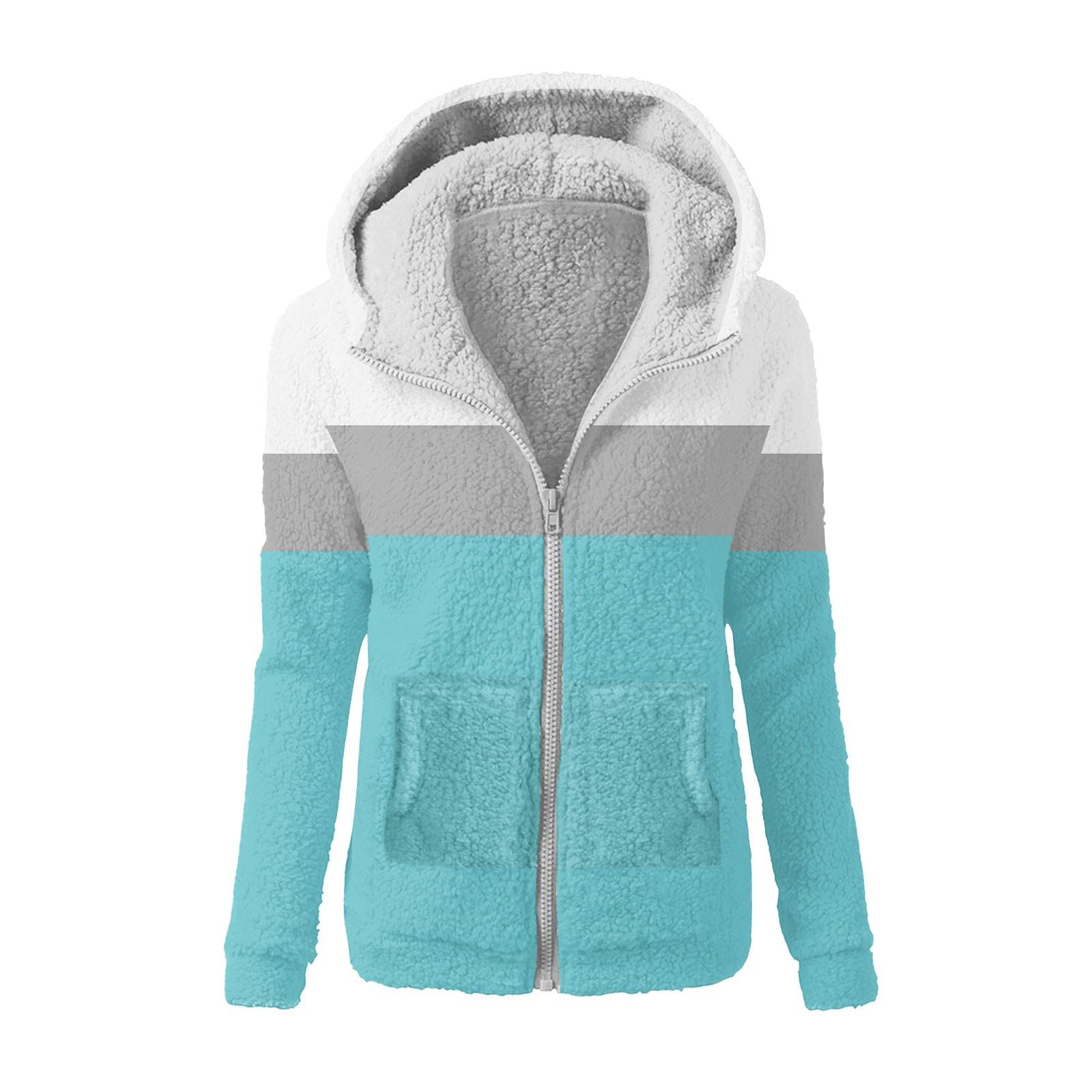 

Женская модная полосатая лоскутная набивная плюшевая повседневная куртка на молнии с капюшоном XL