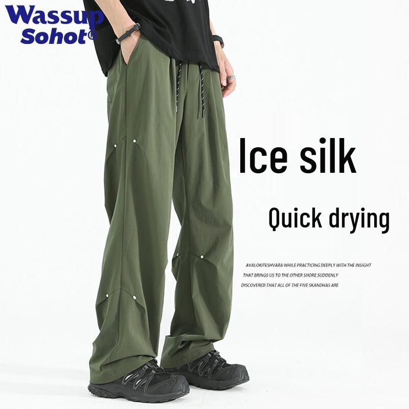Wassup Sohot Men s American Rivet Ice Silk Quick Dry Straight Leg Cargo Casual Pants 2XL
