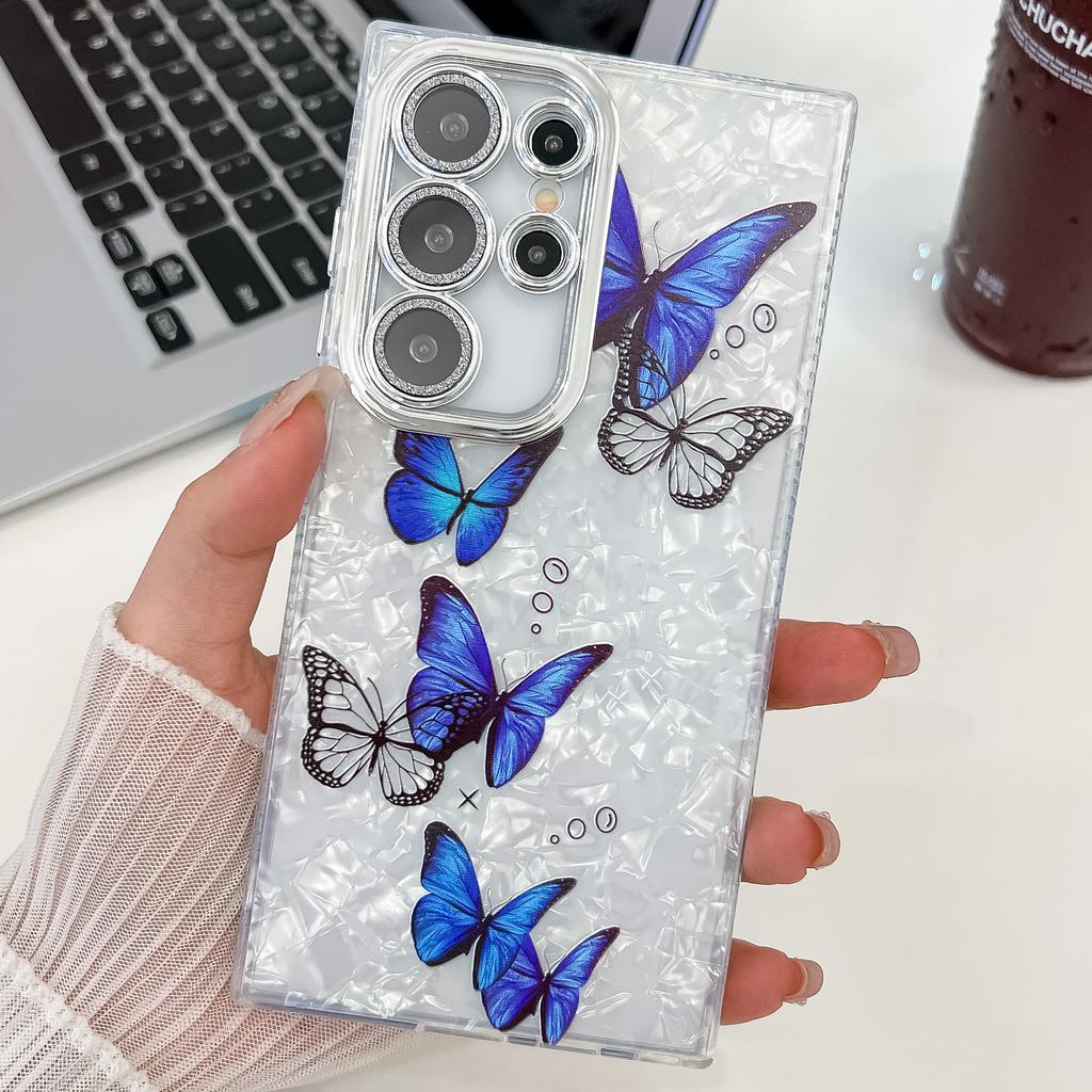 Small Fresh Embossed Butterfly Suitable for Samsung S25 Ultra Electroplated Mobile Phone Case Bracelet S24 Flash Powder Lens Film A56