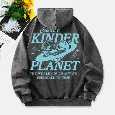 Schaffe einen freundlicheren Planeten Gewaschene Hoodies Damen Herz Planeten Print Baumwoll-Hoodie Tasche Oversize Winter Damenbekleidung