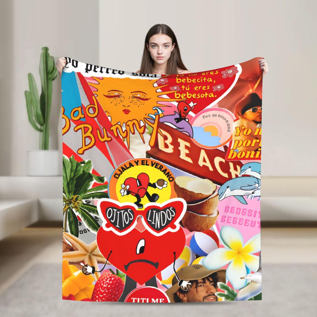 Zanger Bads Bunnys Deken Kwaliteit Warm Beddengoed Plaids Winter Picknick Buiten Grappig Sprei