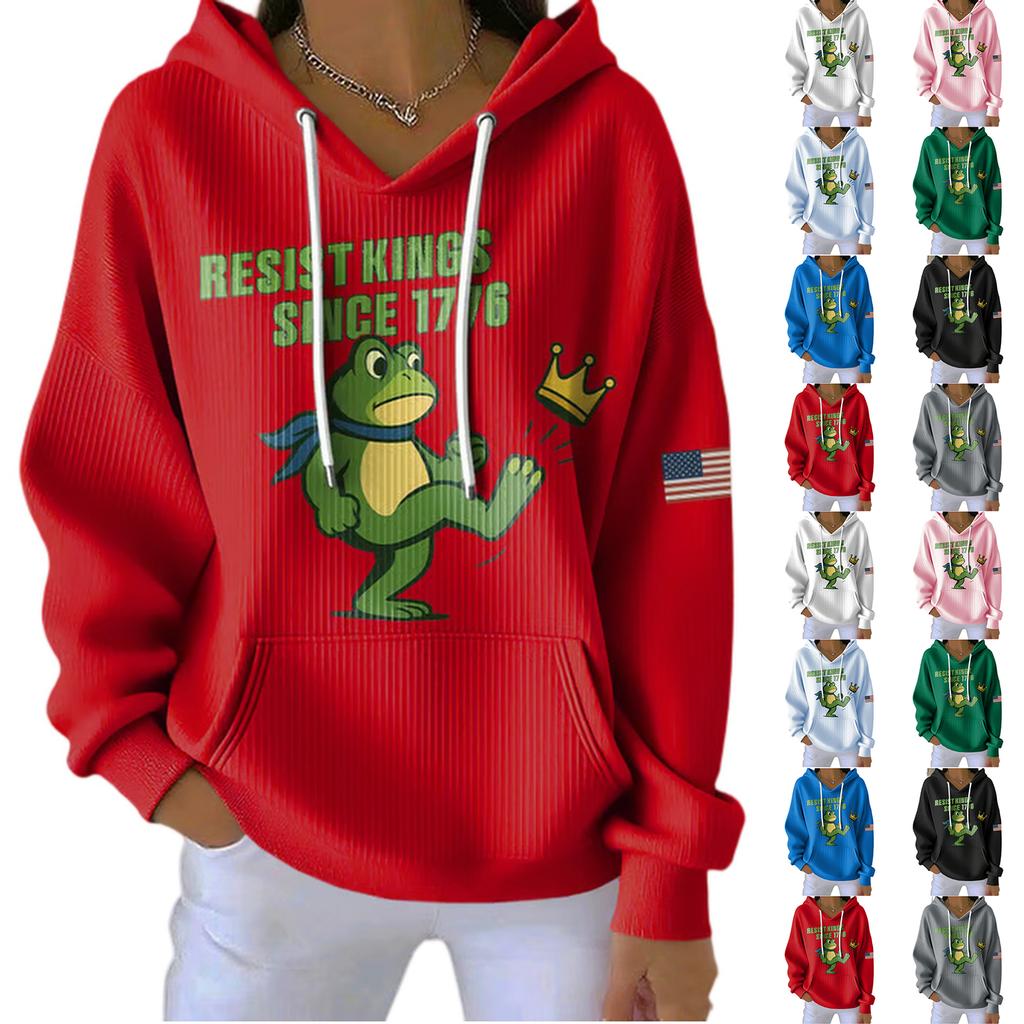 Women's Loose And Comfortable Drawstring V-neck Long Sleeved Print Hoodie