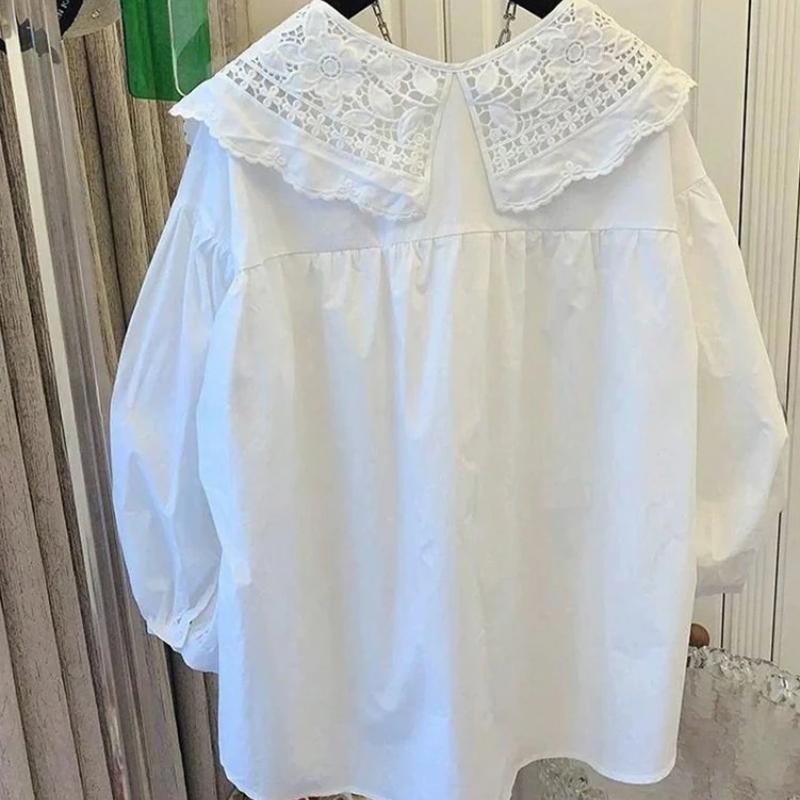 Women's Casual Loose Doll Collar Blouse, Elegant Lace Trim Peter Pan Collar Shirt, Sweet Daily Top for Spring Summer
