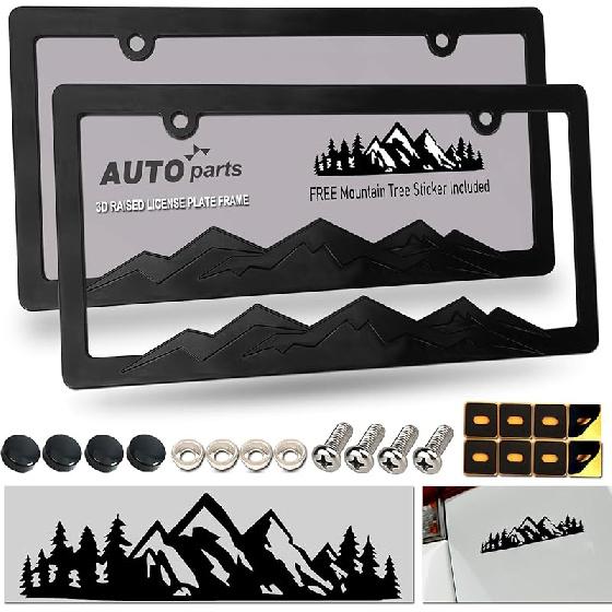 Mountain License Plate Frames- Plastic Black Car Tag Holder Bracket With Screws Caps, 2 Packs 2 Hole, White On Black, Mountain Vinyl Sticker Included