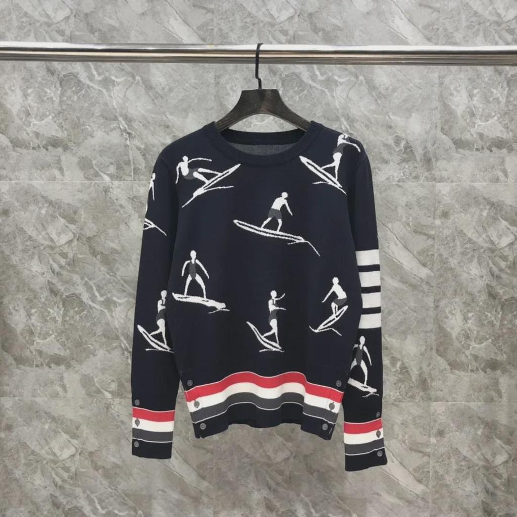 Unisex Knit Surf Jacquard Sweater - Round Neck, Wool, Casual All-Match for Autumn/Winter