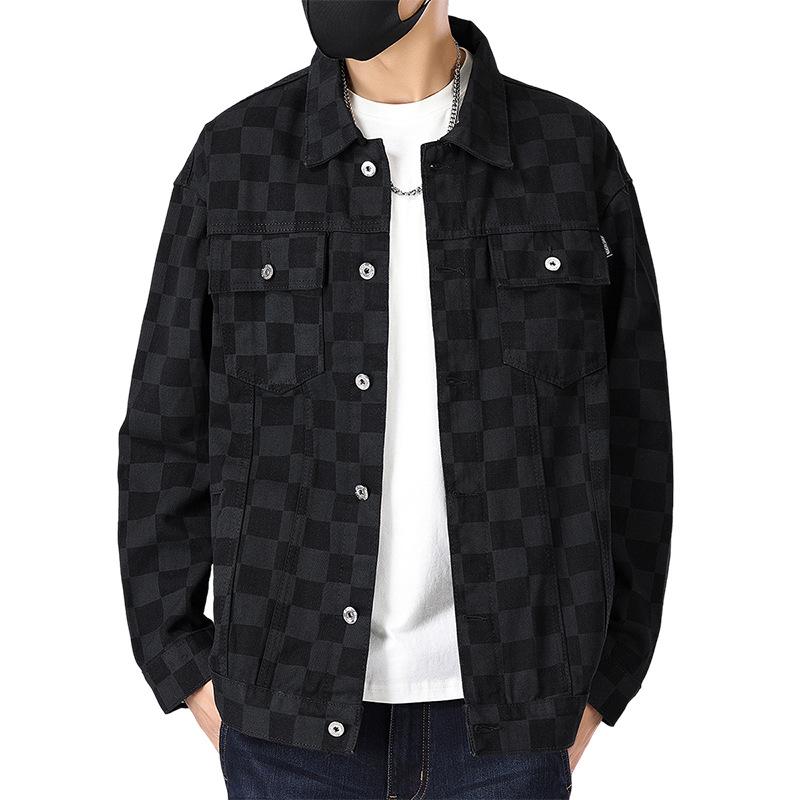 Men's Loose Plaid Grid Plush Denim Jacket - Korean Style, Youthful, Long Sleeve for Autumn/Winter