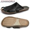 Men's Summer Genuine Leather Slippers Large Size Breathable Beach Sandals  Hollow Out Male Shoes PVC Bottom Non-Slip Comfortble