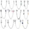 925 Silver Autumn New Charm Lock Moon Safety Chain Charm Beads Fit Bracelets Women DIY Jewelry