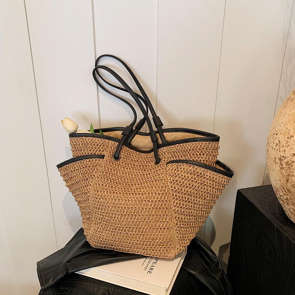 Women Straw Woven Tote Bag Summer Beach Bags Large Capacity Beach Vacation Shoulder Bag Multi Pockets for Outdoor Travel