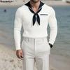 INCERUN Men Sailor Collar Long Sleeve Stitching Autumn Rib Knitted Pullovers Tops