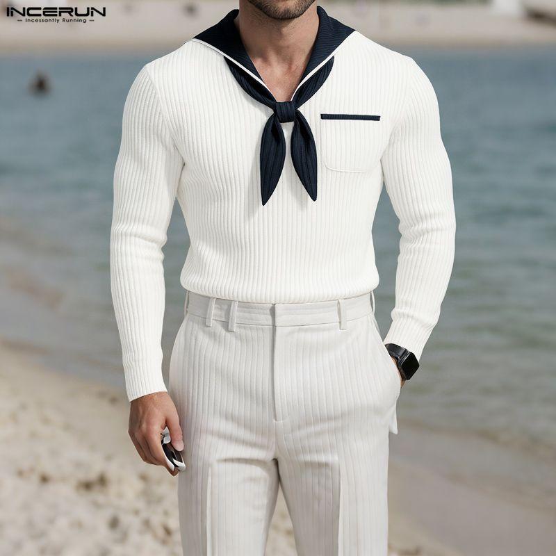 INCERUN Men Sailor Collar Long Sleeve Stitching Autumn Rib Knitted Pullovers Tops