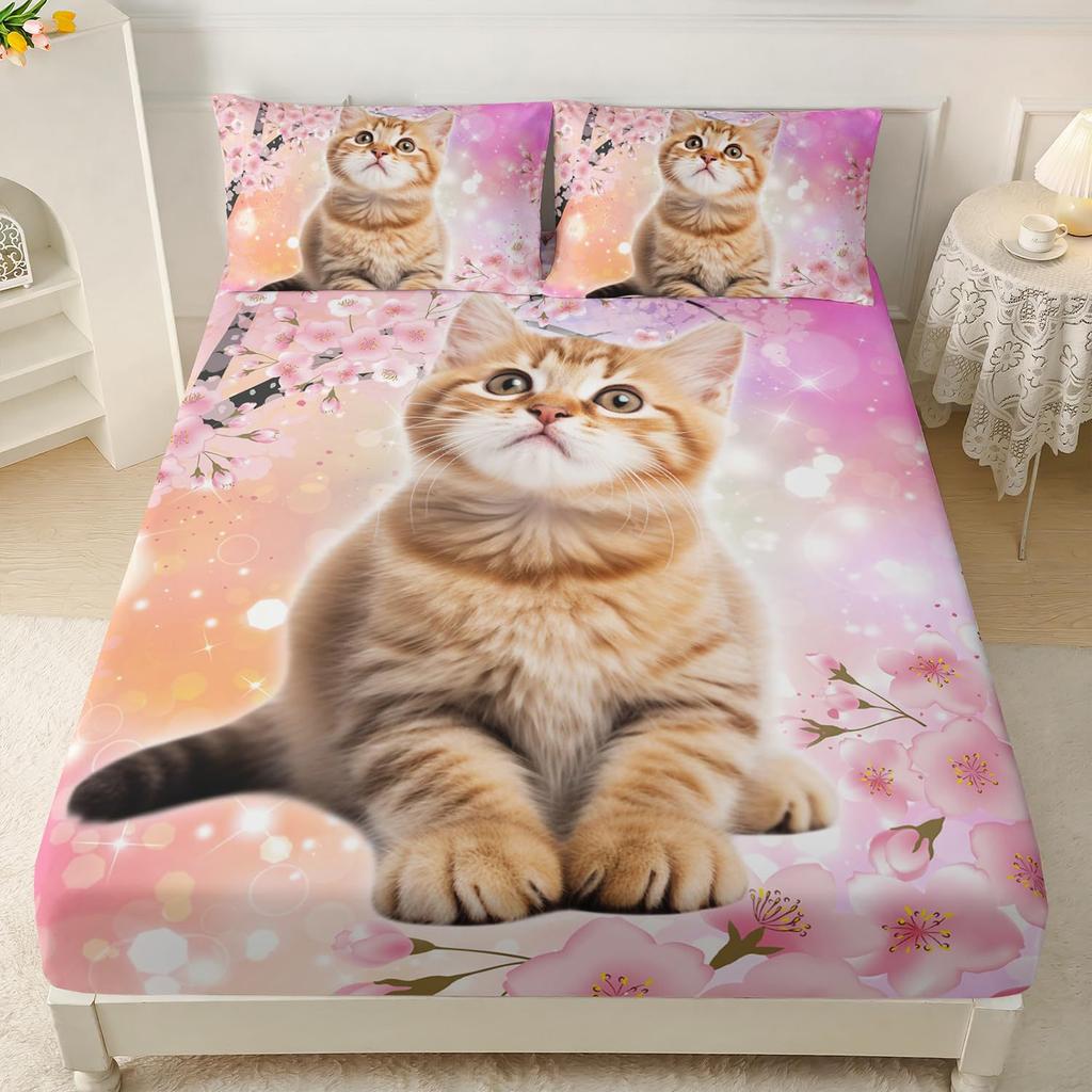 Animal Cat Pattern Mattress Three-Piece Digital Printing Mattress Bedding Set Adult Children