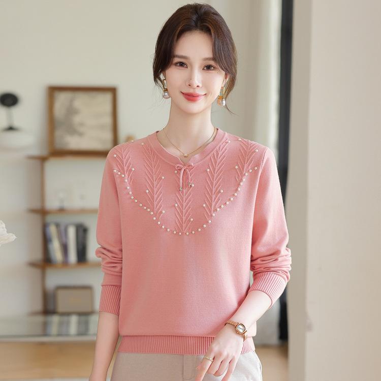 Spring and Autumn New Mom Fashion Western-style Knitwear Middle-aged and Old Women's Round Neck Diamond-encrusted Sweater Bottoming Shirt