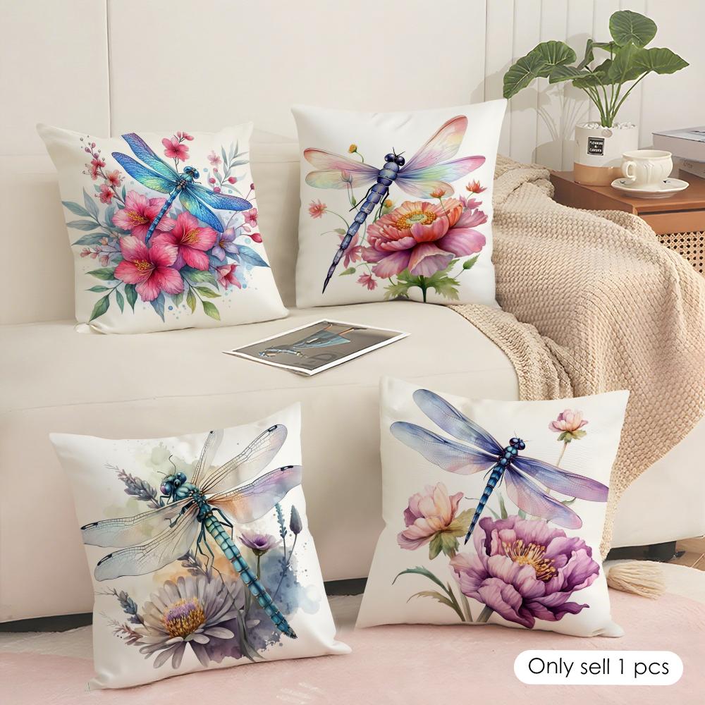 Dragonfly And Flower Cushion Cover Soft Short Plush Pillow Cover Smooth Cozy Texture Aesthetic Cushion Case Home Decor