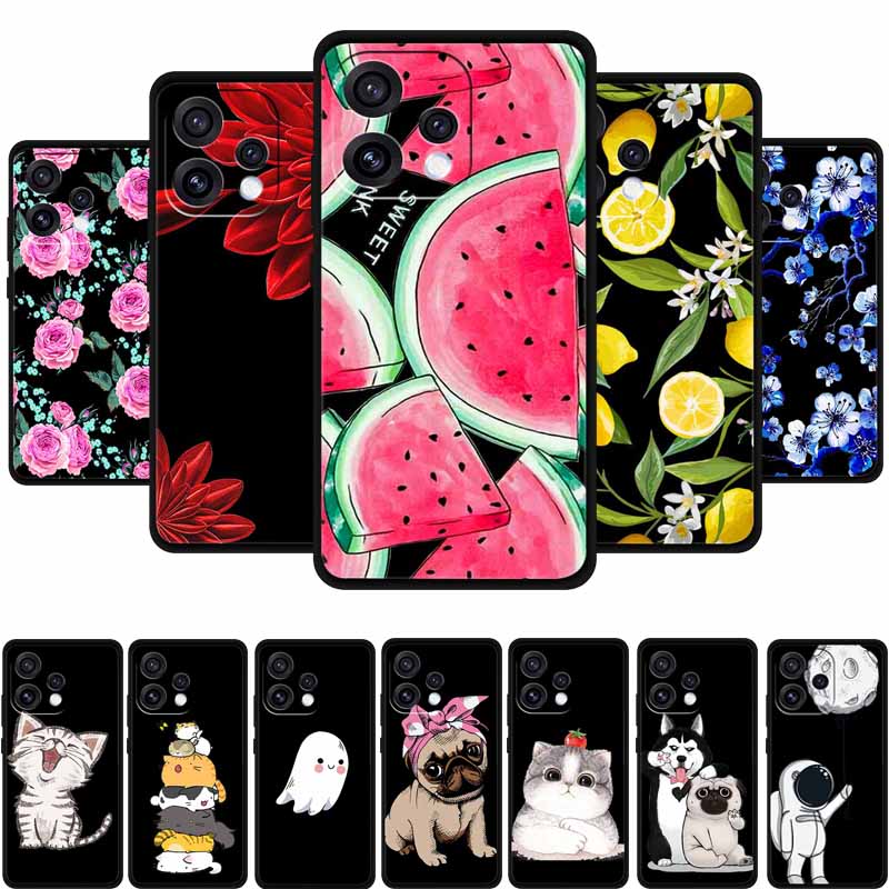 For Oppo Reno15 5G Case Flower Black Silicone Soft Protective Back Covers For Oppo Reno 15C 2025 Phone Case Coque Cartoon Shells