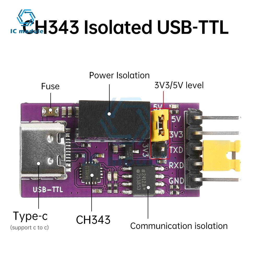 CH343 Isolated USB to TTL DC 3.3V/5V Serial Port Isolated Communication 6Mbps UART Downloader Module Type C Interface