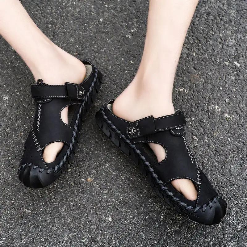 Fashion Male Slipper Slides Flat Genuine Leathe Beach Men's Shoe Rubber Clappers 2025 Y2k Fun Casual Comfortable Low Price Elegant Style