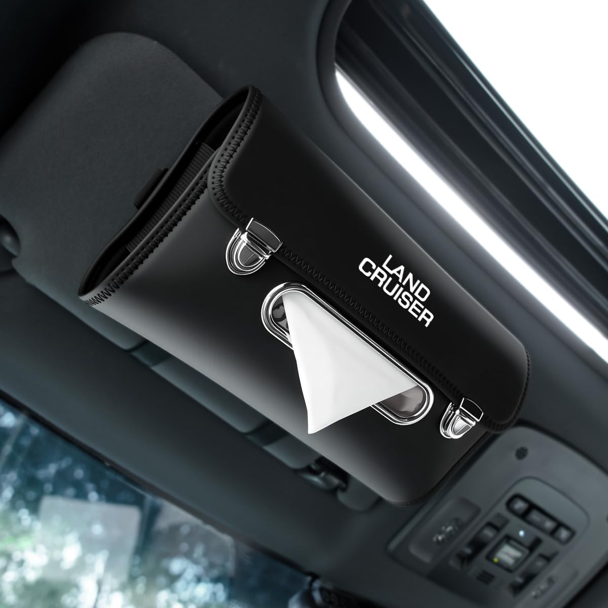 

This stylish car tissue holder is designed specifically for the Land Cruiser 250 and 300 It fits under and sun making it a convenient accessory for чёрный