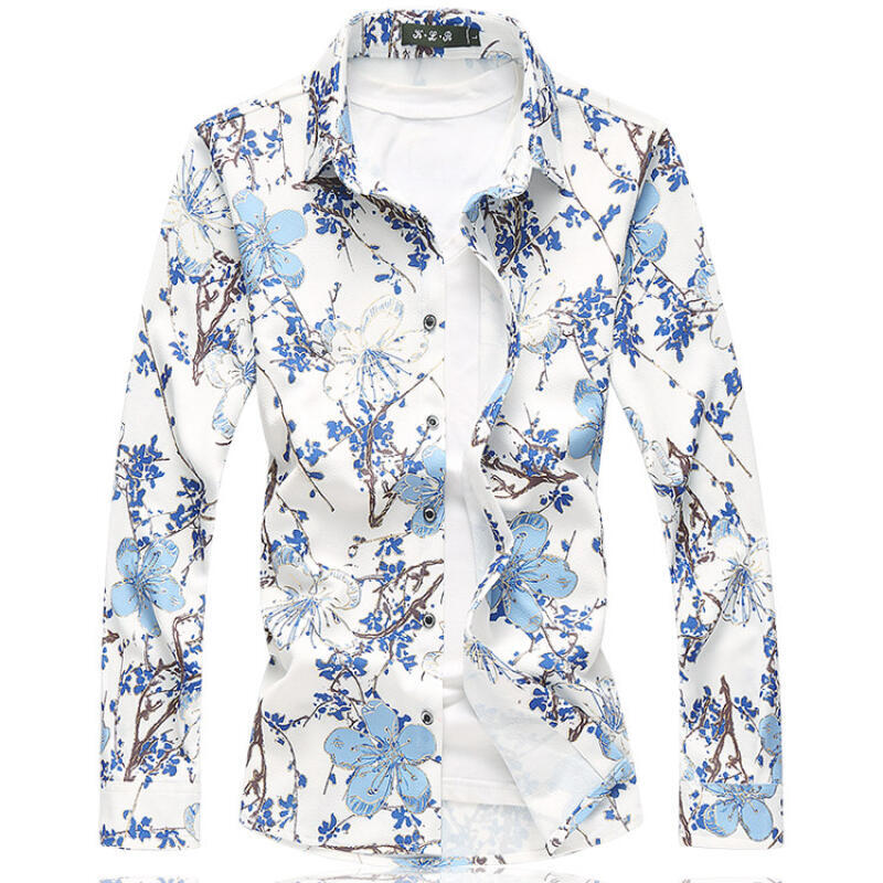 Men Long Sleeve Printed Shirt Men Lapel Single Breasted Stretch Shirts Male Fashion Casual Blue White Red Camisa