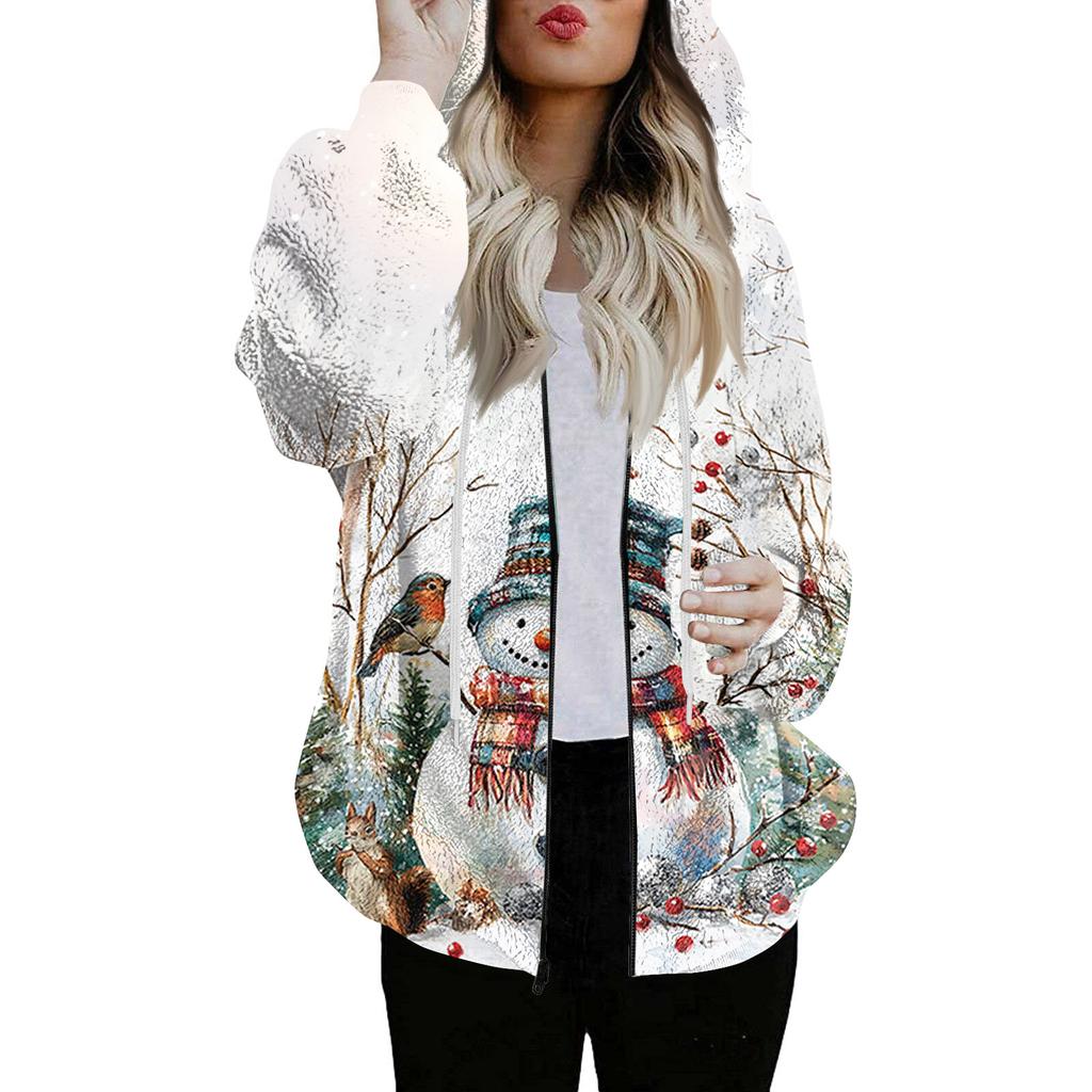 Women's Fashionable Casual Zippered Hooded Christmas Print Drawstring Furry Sweatshirt Jacket