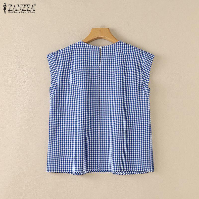 ZANZEA Women Casual Round Neck Sleeveless Plaid Print Blouse