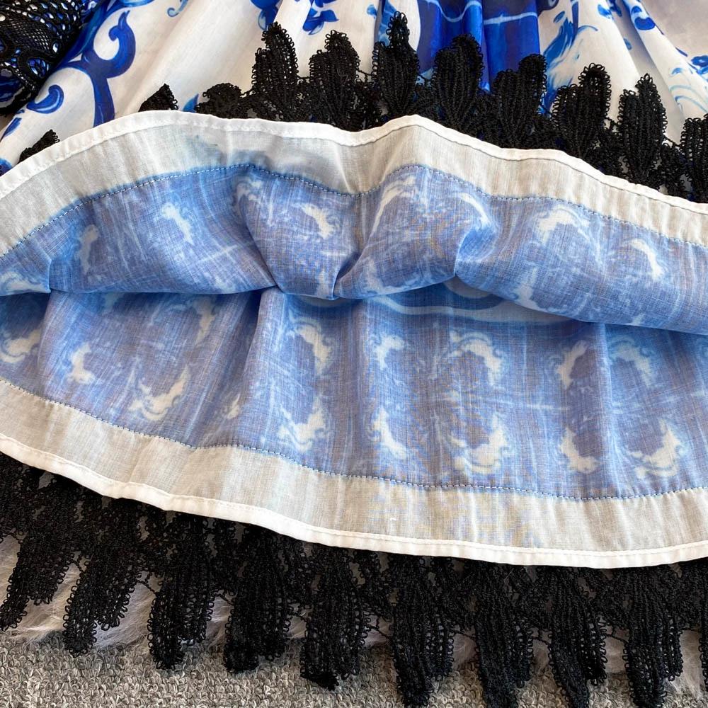 Jaro Podzim Dámské Vintage Tisk Šifon Krajka Patchwork Krátké Společenské Šaty