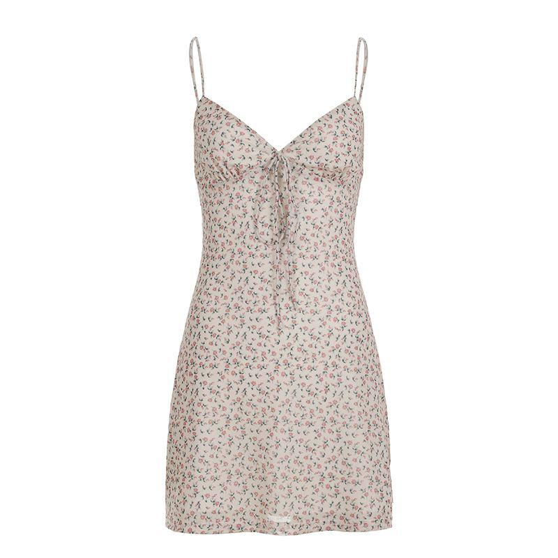 

H s European and American Women s Clothing French Romantic V-neck Lace-up Floral Slip Dress Open Back Lace-up Slim Looking Waist A- line Skirt Color S