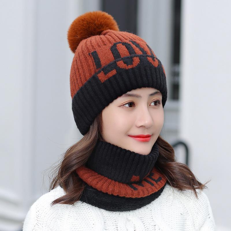 Hat Scarf Set Ladies Winter Fleece Thickened Wool Hat Tide Letter LOVE Knitted Cycling Hat