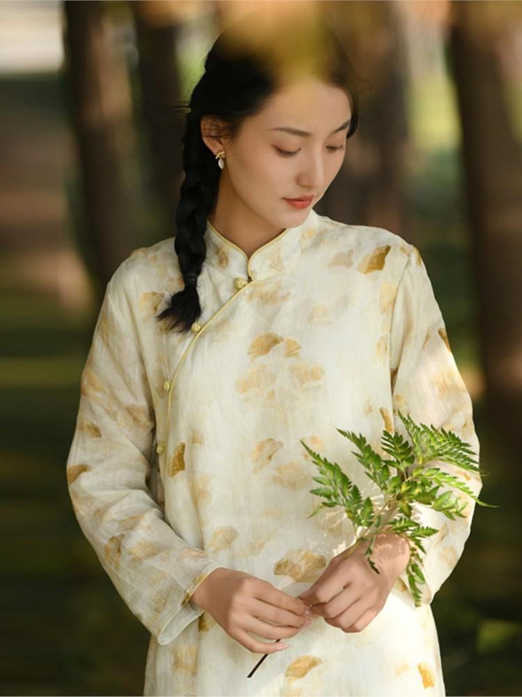 Johnature Women Vintage Stand Spring Dress Print Floral Ramie Button Cheongsam High Quality A-Line Women Dresses